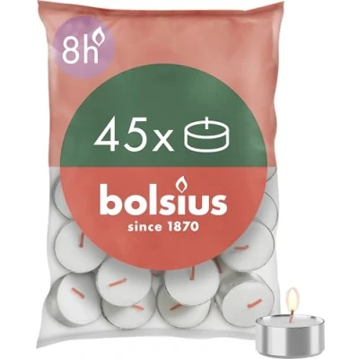 Imagen de Bolsius D light Velas de Té 45 Unidades En Bolsa Duración Combustión: 8 Horas Decorativas para el Hogar Contiene Cera Vegetal Natural Sin Aceite Palma