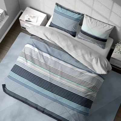 Imagen de DILIOS Juego de ropa cama 2 piezas, 135 x 200 cm, 100% algodón, transpirable, con cremallera, diseño a rayas, color azul turquesa y gris