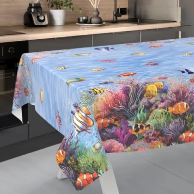 Imagen de ANRO Mantel de Hule Lavable, para jardín, Exterior e Interior, 200 x 140 cm, Borde Cortado Acuario