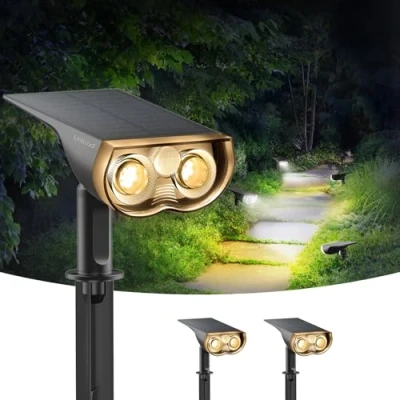Imagen de Linkind Luces solares, de seguridad solares con sensor movimiento, IP65 a prueba agua, 3000 K, focos blancos cálidos, paquete 2