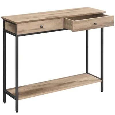 Imagen de VASAGLE Mesa de Consola, Entrada, Sofá con 2 Cajones, Marco Acero, Estable, para Pasillo, Dormitorio, Salón, Estilo Industrial, Marrón Camello y Negro Tinta LNT015W01