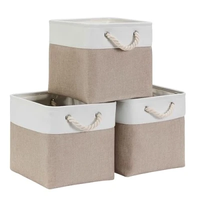 Imagen de Mangata Cajas de Almacenaje, Cestas Almacenaje Tela para Ropa, Armarios, Estantes, Juguetes, 30x30x30 cm (Plegable, 3X, Blanco Caqui Claro)