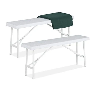 Imagen de Relaxdays Set 2 Bancos Plegables Jardín, Asiento Terraza y Patio, Plástico, Banquillo Camping 42 x 100 25 cm, Blanco