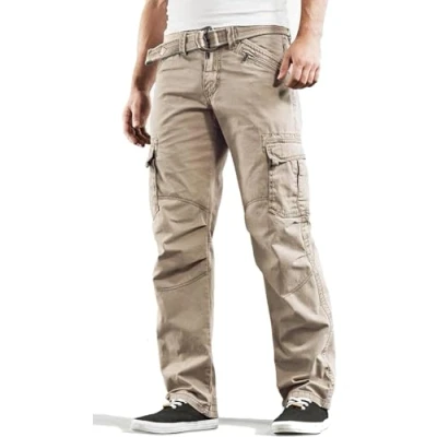 Imagen de Timezone BenitoTZ Benito Pantalones cargo con cinturón de tela para hombre, Color marrón., 34W x 32L