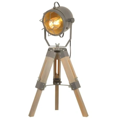 Imagen de BarcelonaLED Lámpara de Mesa Trípode Altura Ajustable Madera Diseño Vintage Industrial con Foco Proyector Orientable Gris Casquillo E27 para Dormitorio Cabecera Salón Estudio 61cm