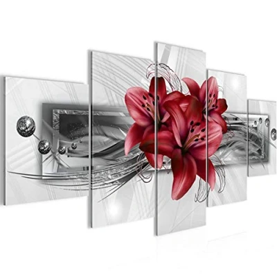 Imagen de Runa Art WTD 008752c Cuadro decorativo para pared (5 piezas), diseño de lirios, color gris y rojo