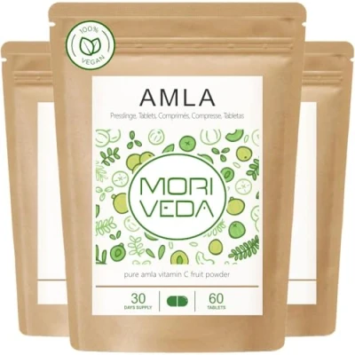 Imagen de MoriVeda® Amla Tablets 1000mg Vitamin Bomb, producto natural con vitamina C, cromo, minerales, proteínas y vitaminas del grupo B, Sistema inmunitario, antioxidante (varios tamaños), 180 comprimidos
