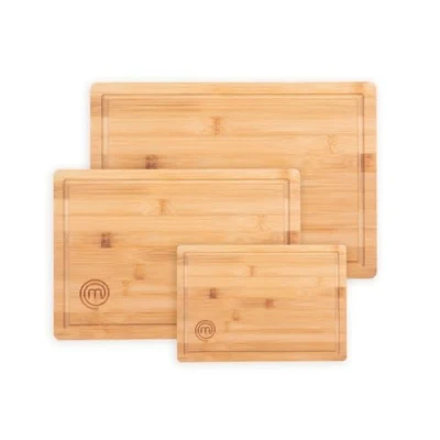 Imagen de MasterChef Tablas de Cortar Cocina, Juego 3 Piezas Tabla en Bambu 38x27,5 cm / 34x23,5 23x15 cm, Ideal como Pan, Jamon, Verduras y Quesos, con Ranura Para Jugos