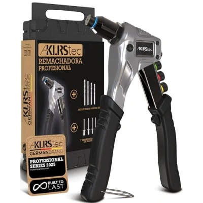 Imagen de KLRStec® remachadora manual profesional pistola con resistente cuerpo de acero y mango antideslizante TPU Juego que incluye 120 remaches 4 brocas HSS