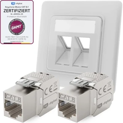 Imagen de hb digital 2 puertos CAT 8 RAL9003 + x GHMT certificado Keystone RJ45 módulo LAN Ethernet enchufe hembra máx. 40 Gbps STP Blanco señal