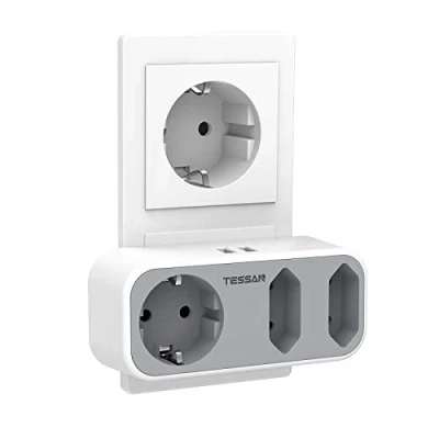 Imagen de TESSAN Enchufe USB Pared con 3 Tomas y Doble USB, 5 en 1 Ladron Enchufes para Oficina, hogar, dormitorio, Adaptador Multiples Blanco Gris
