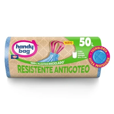 Imagen de Handy Bag bolsas de basura Resistentes Antigoteo para cubo cocina con cinta autocierre y triple capa, resistente antigoteo, 100% plástico reciclado, 50L, 8