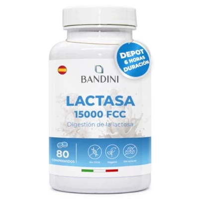 Imagen de Bandini® Lactasa 15.000 FCC efecto depot (6 ORAS de lenta liberación) Tratamiento comprimidos para Intolerancia a la Lactosa Digestión Leche, Queso Enzimas Digestivas 80