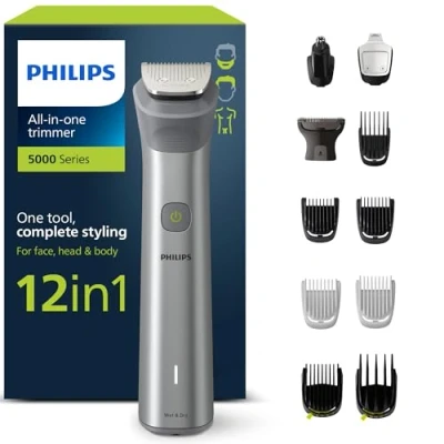 Imagen de Philips Recortadora de Barba Serie 5000, Máquina Cortar Pelo, Cortapelos Hombre, Kit 12 En 1 Para Cara, Orejas, Nariz y Cuerpo,120min uso, Seco Húmedo, Recargable, Funda, MG5950/15