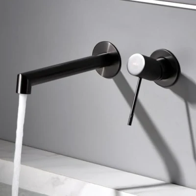 Imagen de IMEX Grifo Monomando Lavabo Empotrado Baño Mezclador Agua Fria y Caliente sobre Encimera Ahorro de Serie Line Color Negro Mate