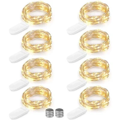 Imagen de BrizLabs 8 Piezas Cadena de Luces 2M 20 led Cable Cobre Impermeable con Pilas Iluminación Interior Alambre Guirnalda para Decoración Boda Fiesta Navidad, Blanco cálido