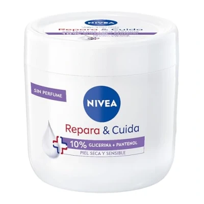 Imagen de NIVEA Repara &amp; Cuida crema hidratante corporal, facial y para manos (1 x 400 ml), 72 h con glicerina pantenol, piel seca sensible, sin perfume