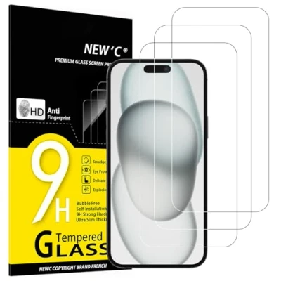 Imagen de NEW&#039;C 3 Piezas, Protector Pantalla para iPhone 16 Plus, 15 Pro Max, Plus (6,7 Pulgadas), Cristal templado Antiarañazos, Dureza 9H, 0.33 mm Ultra Transparente, Resistente