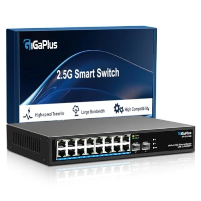 Imagen de Conmutador Ethernet no administrado de 18 puertos y 2.5G con 16* Base T 2.5G, 2* SFP+ 10G. red GiGaPlus para NAS/PC AP inalámbrico, enrutador WiFi6