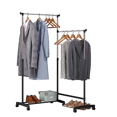 Imagen de WOLTU Perchero de Ropa, Burro Ropa Plegable, Pie con Estante Almacenamiento y Ruedas Universales, para en Tubos Industriales,Negro,SRY49ss