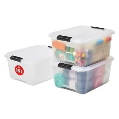 Imagen de Iris Ohyama 3 Cajas de almacenaje con tapa y cierres a presión, 15L, Transparente, apilables, encajables, contenador para ropas, juguetes, hogar, oficina armario, organizar espacio, plástico, TB 15