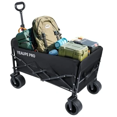Imagen de YEAUPE PRO Carro de Transporte Plegable Todo Terreno para Jardín, Playa,Sistema Doble Freno, Carga Máxima 200KG, Mango Ajustable en Altura, con Bolsillos Laterales