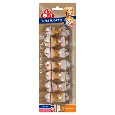 Imagen de 8in1 Triple Flavour Bones XS Huesos de Perro masticables con Filete Pollo, Piel Cerdo y Res, 7 uds.