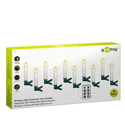 Imagen de goobay 49873 10 velas de Navidad LED inalámbricas con mando a distancia temporizador para ambiente individual y regulador intensidad, cera real, funcio pilas, blancas
