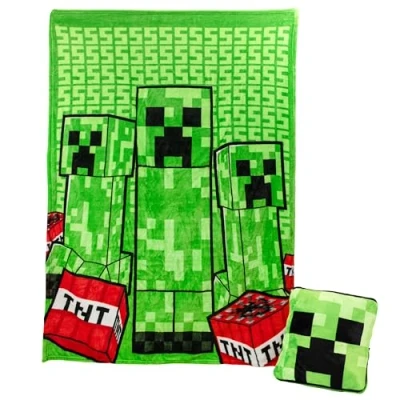 Imagen de Paladone Minecraft Creeper Manta de cojín 2 en 1, Viaje con Licencia Oficial Microsoft, Plegable Suave y esponjosa, diseño Compacto para decoración Sala Estar o Dormitorio
