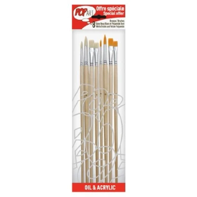 Imagen de Pébéo 950350 Bolsa 8 pincelesmango largo surtidos 4 cerda “beau blanc + Poliamida doradas redondo n 6, 10 plano