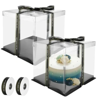 Imagen de REFORUNG 2 PCS Caja de Pastel Transparente 8 Pulgadas Plástico para Tartas Doble Capa con Tapa y Base Negra