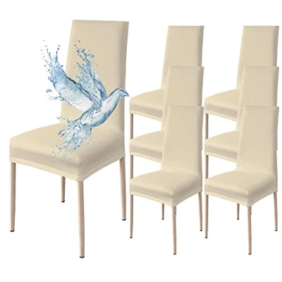 Imagen de Poligino Fundas Sillas de Comedor Pack 6 Impermeable, para Elástica, Suave y Confortable, Beige