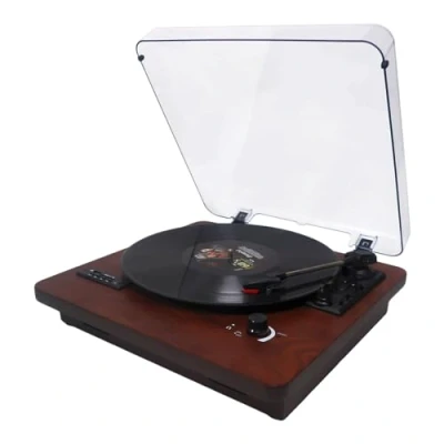 Imagen de DLITIME Tocadiscos de Vinilo, Vintage Bluetooth con 3 Velocidades 33/45/78RPM y 2 Altavoces Estéreo Integrados, Reproductor Vinilos Soporte USB Tarjeta SD Radio