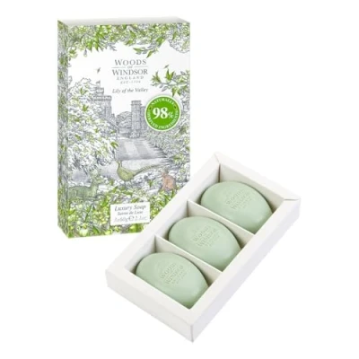 Imagen de Woods of Windsor pastillas de jabón Lily, pastilla hidratante manteca karité, fino molido origen vegetal, manos y cuerpo, aroma lirio los valles 3 x 60g