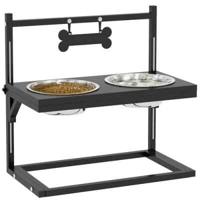 Imagen de PawHut Comedero Elevado para Perros Cuenco con 2 Tazones de Acero Inoxidable Altura Ajustable y 1 Placa Metal en Forma Hueso 40,5x22x39 cm Negro