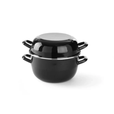 Imagen de HENDI Cazuela con tapa, olla, para cocinar y servir mejillones, salsas, sólo apta cocinas de gas, 2 kg, 5 L, diámetro 260x(h)210 mm, acabado esmaltado negro reborde acero inoxidable