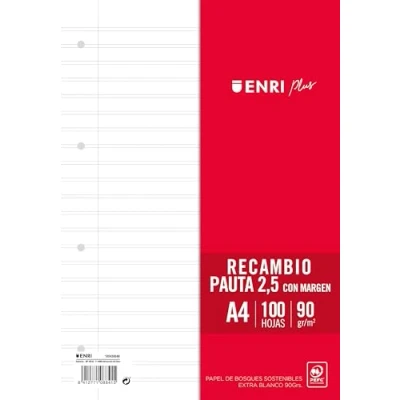 Imagen de ENRI PLUS 90gr A4 Recambio, Paquete Pauta 2,5mm con margen 4 Taladros, 100 Hojas