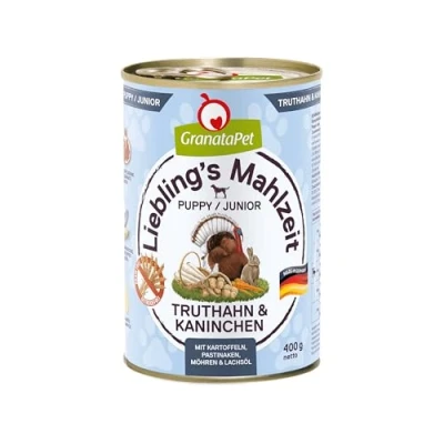 Imagen de GranataPet Lieblings&#039;s Mahlzeit Pavo &amp; Kaninchen Junior, Comida húmeda para Perros, Perros sin Cereales y azúcares añadidos, pienso Completo, 6 x 400 g