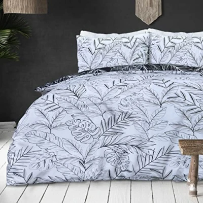 Imagen de Sleepdown Juego de Funda edredón con Fundas Almohada, diseño Floral, Color Blanco y Negro, Reversible, Suave, fácil cuidar, 260 cm x 220 cm, matrimonio grande