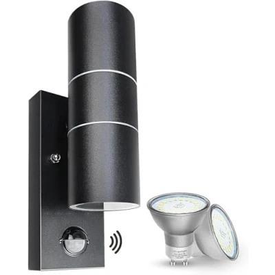 Imagen de Wondlumi Aplique Pared Exterior/Interior Led con Sensor de Movimiento,2x5W GU10 IP44 Blanco Cálido 3000K 500LM,Lámpara Arriba Abajo Negro para Terraza Balcón