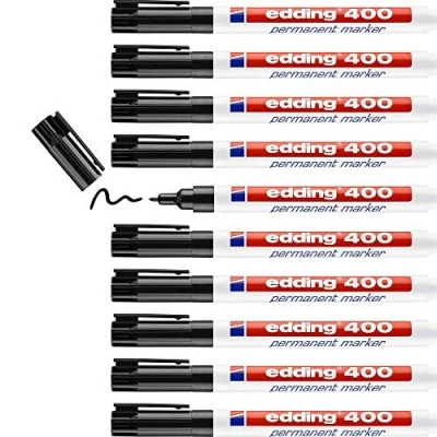 Imagen de edding 400 marcador permanente negro 10 rotuladores punta fina redonda 1 mm resistente al agua, de secado rápido, indelebles para cartón, plástico, madera, metal, vidrio