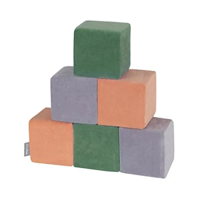 Imagen de KiddyMoon Bloques De Terciopelo Suave 6 Piezas para Niños 14Cm, Cubos: Verde Bosque/Rosa Desierto/Gris Montaña