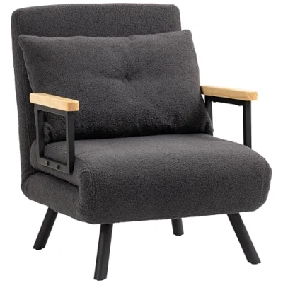 Imagen de HOMCOM Sofá Cama de 1 Plaza Plegable Tapizado en Borreguito con Respaldo Ajustable 5 Niveles y Almohada Acolchada para Oficina Dormitorio Salón 63x73x81 cm Gris Oscuro