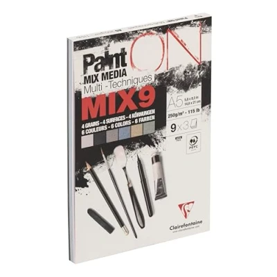 Imagen de Clairefontaine 960074C PaintON MIX9 Bloc encolado multitécnica 27 hojas Papel de dibujo Surtido con 9 papeles x 3 A5 14,8 21 cm 250g