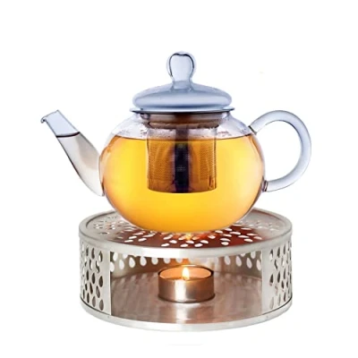 Imagen de Creano Tetera de vidrio 800ml + un calentador acero inoxidable, 3 piezas, con colador inoxidable integrado y tapa vidrio, ideal para preparar tés sueltos