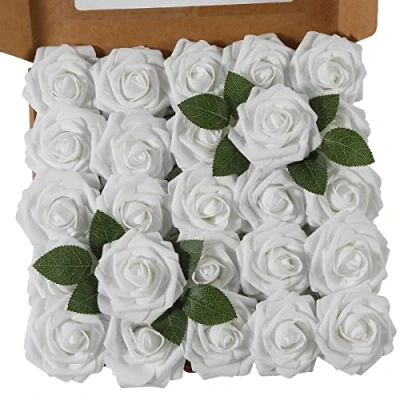Imagen de Ruiuzioong Rosa Artificial Flor 25PCS Falsa Espuma Mirada Real con Hoja y Vástago Ajustable para Bricolaje Ramos de Boda Decoraciones el Hogar Nupciales (Blanco, 25pcs)