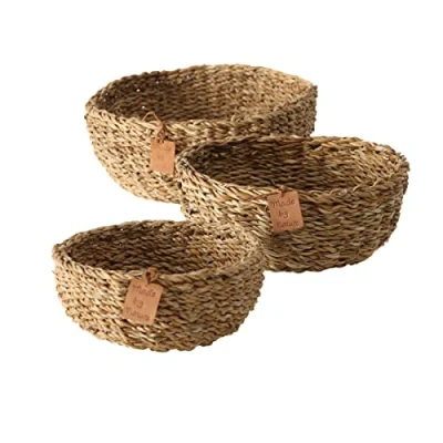 Imagen de Boltze Sophy 2946200 Cesta redonda (3 piezas, de hierba marina, colores naturales, cestas decorativas estilo bohemio, escandinavo)