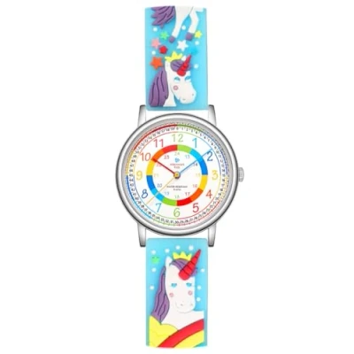 Imagen de Alienwork Unicornio Chica Reloj de Aprendizaje Infantil Niña Plateado Turquesa Abigarrado niños Impermeable 5 ATM Tiempo Aprender