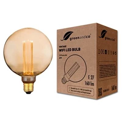Imagen de greenandco® Bombilla LED inteligente WiFi con app (no requiere hub) Vintage E27 G125, 3,8W 160lm 1800K 320 230V, sin parpadeo, regulable, compatible Alexa y Google Assistant
