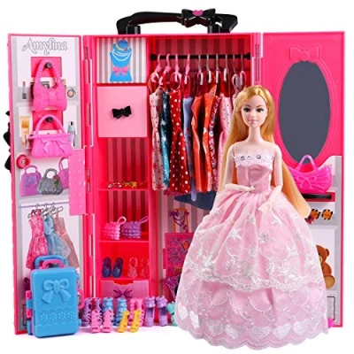 Imagen de UCanaan Conjunto Armario Muñecas Adecuado para Ropa Muñeca (También 11,5 Pulgadas Muñecas), 44 Piezas Accesorios Moda Incluida,Vestidos,Bolsas,Perchas y Stand